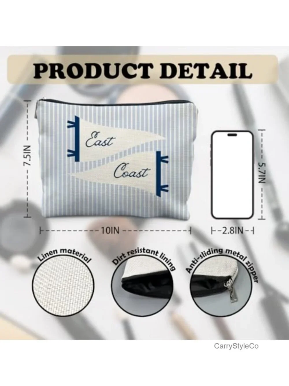 Linen Canvas Coastal Striped Cosmetic Bag for Women, Travel Makeup Pouch